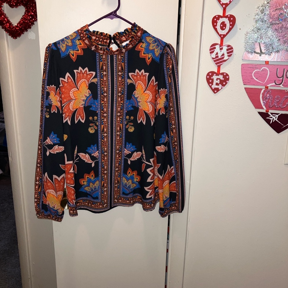 Anthropologie Black Floral-Print Long-Sleeve Blouse